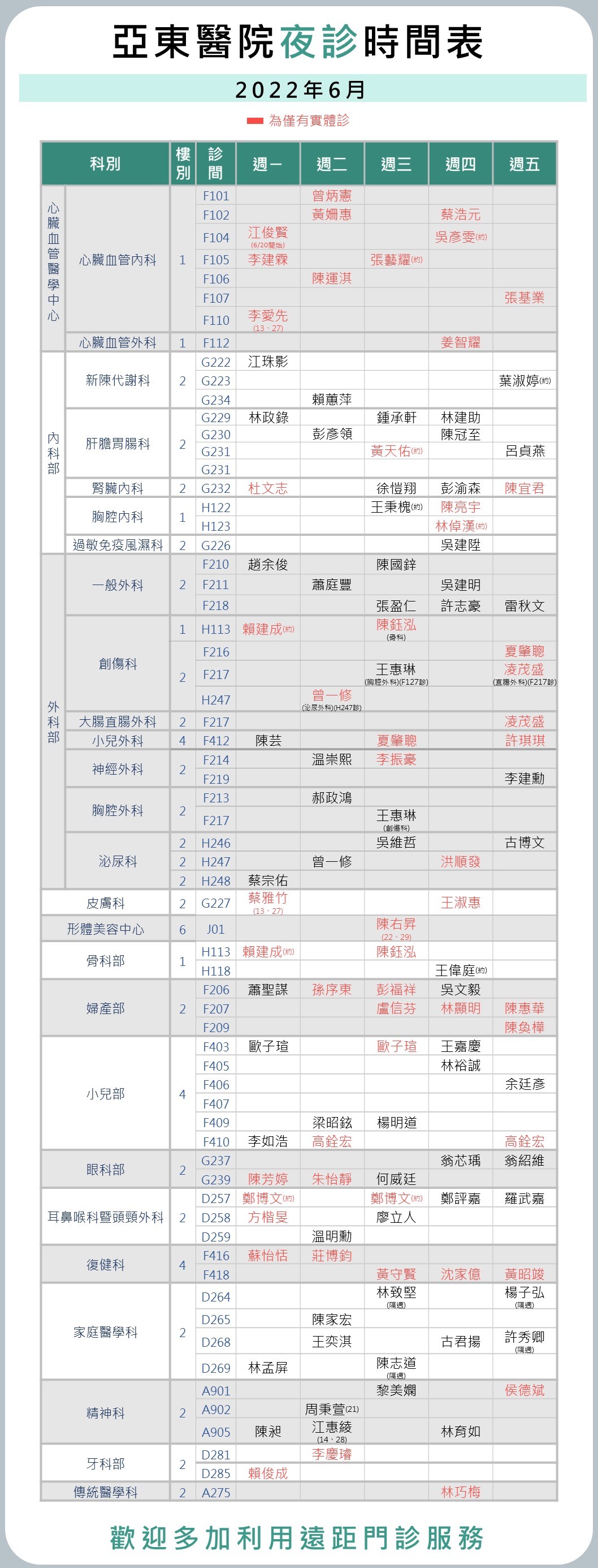 6/13起，亞東醫院恢復夜間門診